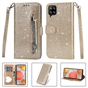 Flash Powder Zipper Pocket Wallet Flip Leather Phone Case with Strap for Samsung Galaxy A12