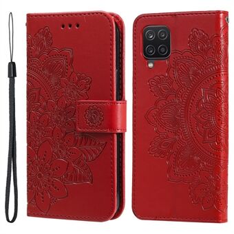 PU Leather Imprint Flowers Pattern Wallet Phone Case with Lanyard for Samsung Galaxy A12 / M12 / F12