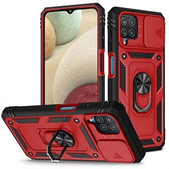 Shockproof PC + TPU Hybrid Kickstand Card Slot Phone Case Shell with Side Camera Cover for Samsung Galaxy A12