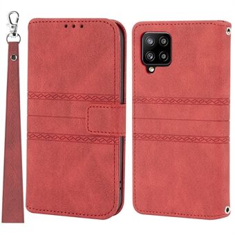 Skin-touch Feel Imprinted PU Leather Wallet Stand Phone Case Cover with Wrist Strap for Samsung Galaxy A12