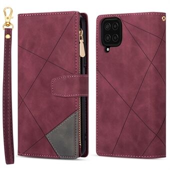 Color Splicing Lines Design Anti-Drop Scratch-Resistant Wallet Stand Leather Phone Cover Case with Zipper Pocket for Samsung Galaxy A12