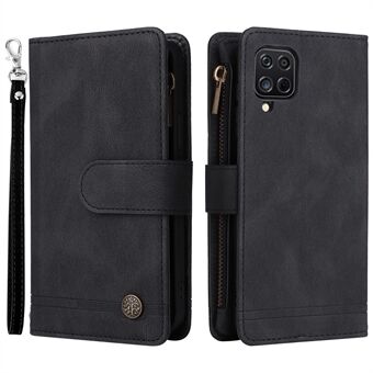 Stripes Imprinted Skin-touch Wallet Stand Leather Cover Card Slots Well-protected Phone Case with Zipper Pocket for Samsung Galaxy A12