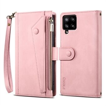 ESEBLE For Samsung Galaxy A12 PU Leather Phone Case Bag Zipper Pocket Wallet Stand Shockproof Phone Covering with Wrist Strap