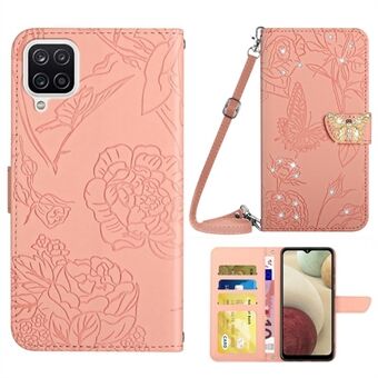 For Samsung Galaxy A12 / M12 / F12 Stand Wallet Phone Case PU Leather Imprinting Butterfly Flowers Rhinestone Decor Cover with Shoulder Strap
