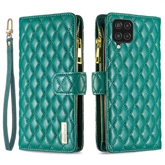 BINFEN COLOR for Samsung Galaxy A12 BF Style-15 Imprinted Rhombus Pattern Magnetic Clasp Protective Case with Zipper Pocket Stand Matte PU Leather Wallet Cover