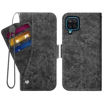 For Samsung Galaxy A12 PU Leather Flip Phone Case Water-ink Painting Texture Rotating Card Slots Holder Hands-free Stand Wallet Cover with Strap