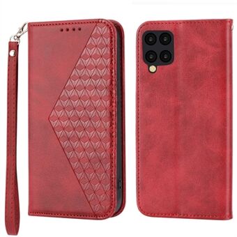Imprinted Rhombus Pattern Phone Case For Samsung Galaxy A12, Calf Texture PU Leather Drop-proof Phone Cover Wallet Stand with Strap