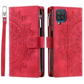 Multiple Card Slots Phone Cover For Samsung Galaxy A12 / M12 Mandala Flower Imprinted PU Leather Phone Case Stand Zipper Pocket Wallet with Strap