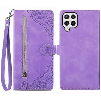 Anti-drop Phone Cover For Samsung Galaxy A12, Flower Imprinted Pattern PU Leather Zipper Pocket Smartphone Case Wallet Stand