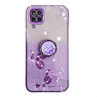 For Samsung Galaxy A12 Gradient Glitter Soft TPU Cover Flower Pattern Phone Case with Ring Kickstand