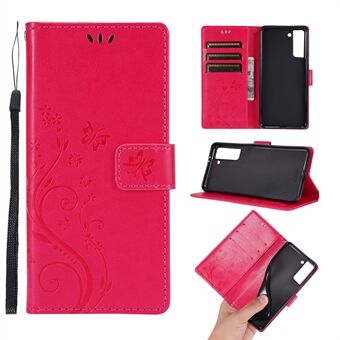 Butterfly Flower Imprinting Leather Wallet Phone Stand Case with Wrist Strap for Samsung Galaxy S21 5G