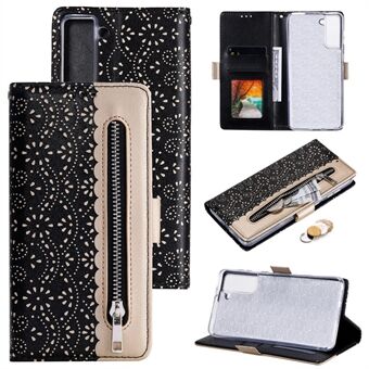 Lace Flower Skin Zipper Leather Cover for Samsung Galaxy S21 Stand Case