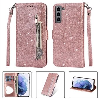 Flash Powder Zipper Pocket Wallet Flip Leather Phone Case with Strap for Samsung Galaxy S21 5G