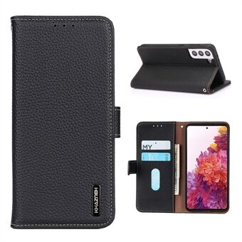 KHAZNEH for Samsung Galaxy S21 5G Wallet Stand Design Litchi Texture Top Layer Genuine Leather Shell Case