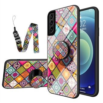 Colorful Flower Print Glass Hybrid Phone Cover Case with Kickstand Lanyard for Samsung Galaxy S21 5G