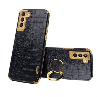 Electroplating Crocodile Texture PU Leather Coated TPU Precise Cutout Phone Cover with Ring Holder for Samsung Galaxy S21 5G