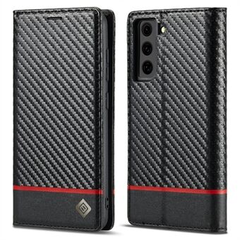 LC.IMEEKE Auto-absorbed Magnetic Closing System Leather Case Carbon Fiber Pattern Phone Case with Wallet for Samsung Galaxy S21 5G