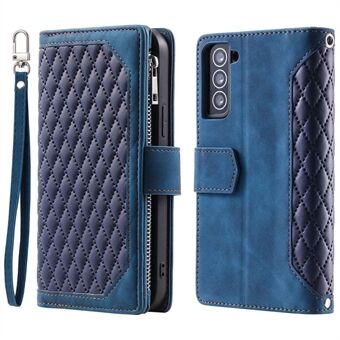 005 Style for Samsung Galaxy S21 4G / 5G Zipper Pocket Rhombus Texture Wallet Case PU Leather Stand Phone Cover with Wrist Strap