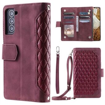 005 Style for Samsung Galaxy S21 4G / 5G, Shockproof Wallet Case Rhombus Texture Zipper Pocket PU Leather Anti-fall Phone Cover Stand