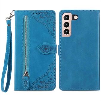 For Samsung Galaxy S21 5G / S21 4G Flower Imprint PU Leather Phone Wallet Case Zipper Pocket Design Drop-proof Cover with Stand