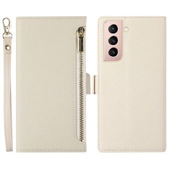 For Samsung Galaxy S21 4G / 5G Litchi Texture Stand Phone Case Zipper Pocket PU Leather Wallet with Strap