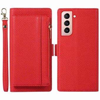 For Samsung Galaxy S21 5G / 4G 2 in 1 Magnetic PU Leather Phone Case Detachable Zipper Pocket Wallet Litchi Texture Protective Stand Cover with Strap