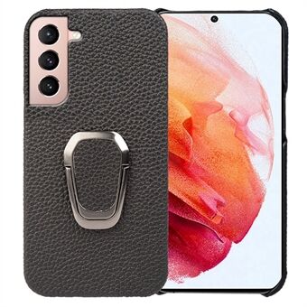 For Samsung Galaxy S21 4G / 5G Genuine Leather Coated PC Protective Case Litchi Texture Phone Back Cover with Ring Kickstand