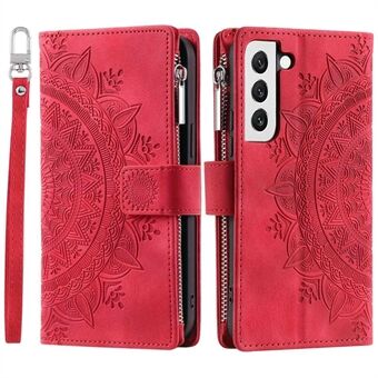 For Samsung Galaxy S21 5G Mandala Flower Imprinted Full Coverage PU Leather Phone Cover Stand with Multiple Card Slots Zipper Pocket Wallet Case