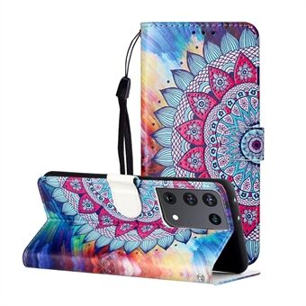 Glossy Embossed Patterned Wallet Leather Phone Cover with Strap for Samsung Galaxy S21 Ultra 5G