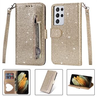 Flash Powder Zipper Pocket Wallet Flip Leather Phone Case with Strap for Samsung Galaxy S21 Ultra 5G