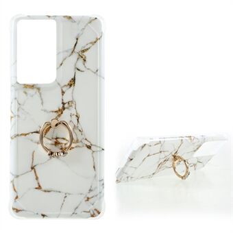 IMD Marble Pattern Four-corner Cushion TPU Cover with Kickstand Design for Samsung Galaxy S21 Ultra 5G