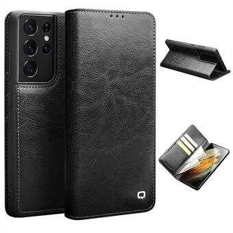 QIALINO Flip Wallet Design Genuine Leather Phone Cover for Samsung Galaxy S21 Ultra 5G