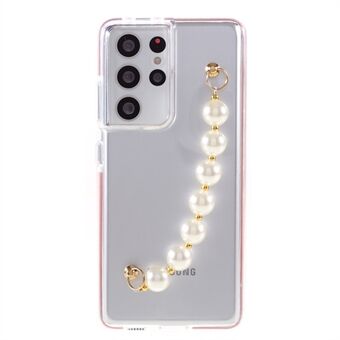 Bi-color Sheer TPU Phone Case with Pearl Hand Strap for Samsung Galaxy S21 Ultra 5G