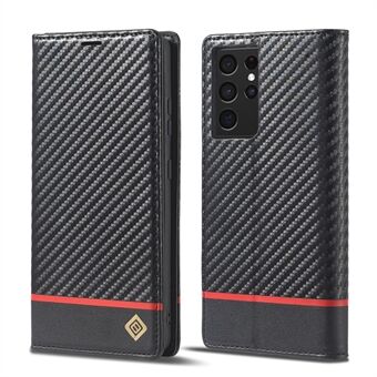 LC.IMEEKE Carbon Fiber Texture Magnetic Horizontal Flip PU Leather Stand Case for Samsung Galaxy S21 Ultra 5G