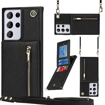 Card Slot Zipper Wallet Design PU Leather Coated TPU Hybrid Case Shell with Kickstand for Samsung Galaxy S21 Ultra 5G