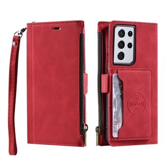 Protective Leather Case Kickstand Cover with Zipper Wallet and Lanyard for Samsung Galaxy S21 Ultra 5G