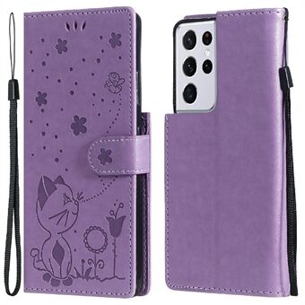 Cat and Bee Pattern Imprinted Mobile Phone Cover Stand Wallet Leather Case for Samsung Galaxy S21 Ultra 5G