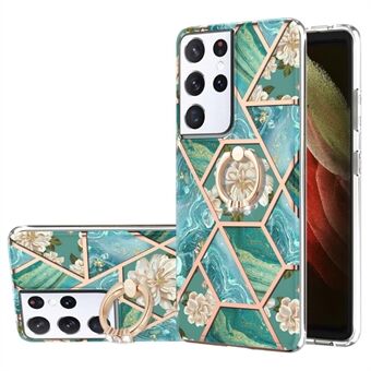 Marble Texture Pattern IMD Design Full-Body Stylish TPU Protective Case with Ring Kickstand for Samsung Galaxy S21 Ultra 5G