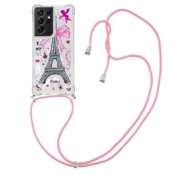 Pattern Printing Glitter Quicksand Case Soft TPU Bling Adorable Shine Protective Cover with Adjustable Lanyard for Samsung Galaxy S21 Ultra 5G
