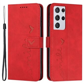 PU Leather Stand Wallet Case for Samsung Galaxy S21 Ultra 5G, Skin-touch Imprinted Heart Shape Full Protection Phone Shell