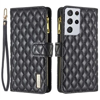 BINFEN COLOR BF Style-15 for Samsung Galaxy S21 Ultra 5G Rhombus Pattern Imprinted Stand Leather Case Matte Protective Phone Cover with Wallet Zipper Pocket