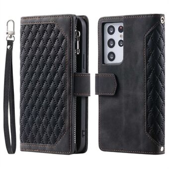 005 Style for Samsung Galaxy S21 Ultra 5G Rhombus Texture Leather Stand Case Zipper Pocket Wallet Phone Cover with Wrist Strap