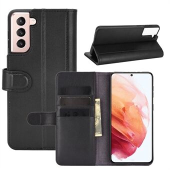 For Samsung Galaxy S21+ Genuine Split Leather Wallet Stand Protective Shell - Black
