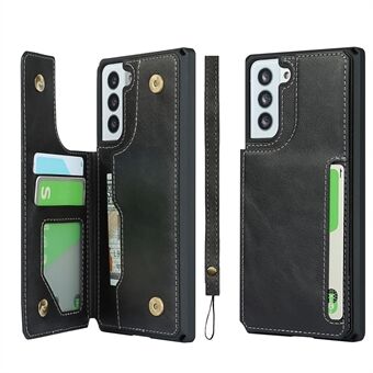 Button Flip PU Leather Mobile Phone Protective Case Shell Stand with Strap for Samsung Galaxy S21+ 5G