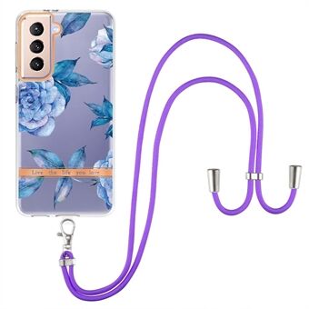 For Samsung Galaxy S21+ 5G YB IMD-9 Series Electroplating TPU Case Flower Pattern IMD IML Scratch-resistant Protective Cover with Lanyard