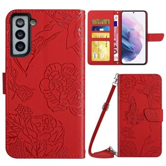 Skin-touch Leather Case for Samsung Galaxy S21+ 5G, Adjustable Stand Butterfly Flower Pattern Imprinted Wallet Phone Cover with Shoulder Strap
