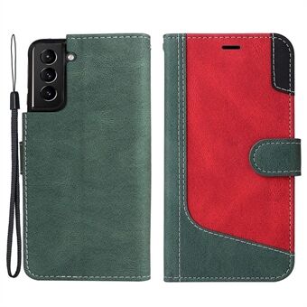 For Samsung Galaxy S21+ 5G Full Covering Phone Case Three-color Splicing PU Leather Wallet Anti-scratch Mobile Phone Flip Cover Stand with Strap