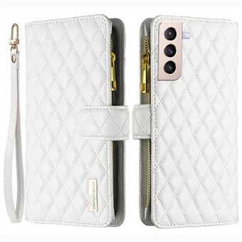 BINFEN COLOR BF Style-15 for Samsung Galaxy S21+ 5G PU Leather Imprinted Rhombus Pattern Phone Case Stand Wallet Matte Anti-drop Cover with Zipper Pocket