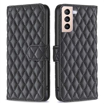 BINFEN COLOR For Samsung Galaxy S21+ 5G Wallet Cover, BF Style-14 Imprinted Rhombus Pattern Bump Proof Stand Matte PU Leather Case