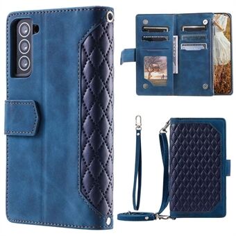 005 Style For Samsung Galaxy S21+ 5G, Drop-proof Phone Case PU Leather Rhombus Texture Zipper Pocket Wallet Cover Stand with Strap